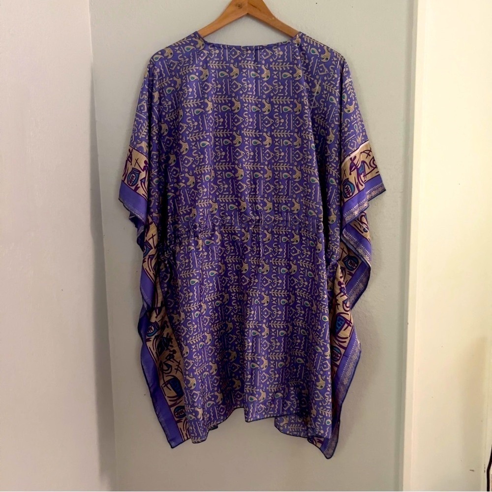 Whose Sari is Now Women’s Sz L Silk Kaftan Dress Artsy Boho Patterned Purple - Picture 3 of 7